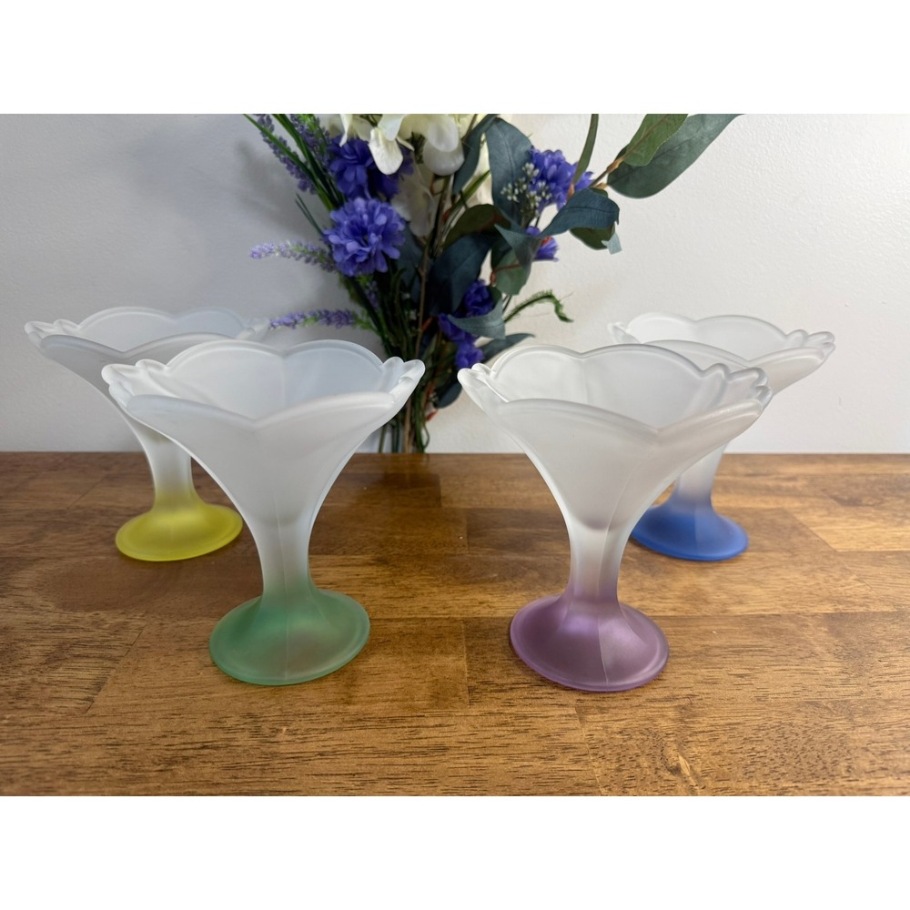 Vintage Italian Frosted Glass Dessert Bowls Set Pastel Rainbow Sherbet Cup Italy